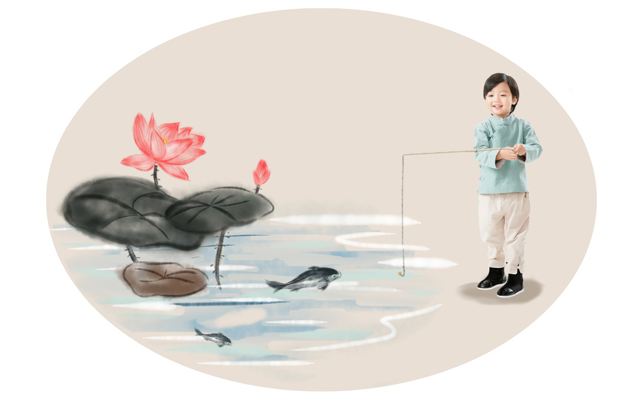 小男孩在河边钓