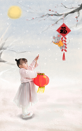 可爱的小女孩拿着红灯笼图片