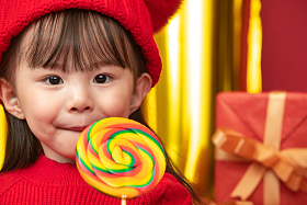 过新年的小女孩吃棒棒糖图片