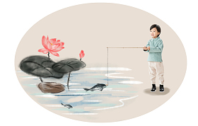 小男孩在河边钓鱼照片