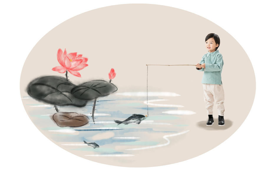 小男孩在河边钓鱼照片