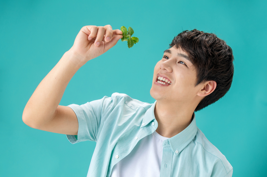 举着薄荷叶的青年男人 举着薄荷叶的青年男人