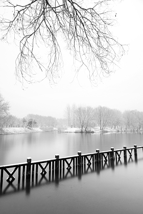 下雪后的湖边风景图片