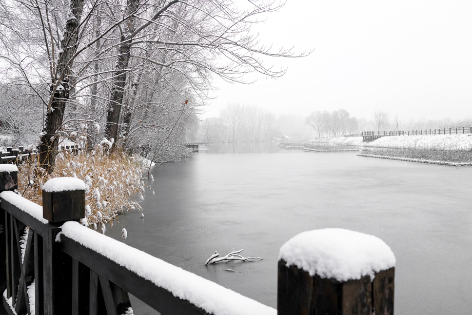 下雪后的湖边风景照片