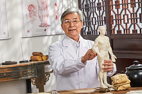 老中医拿着人体针灸穴位模型图片