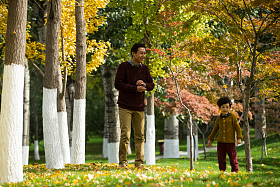 父亲陪着儿子在户外玩耍