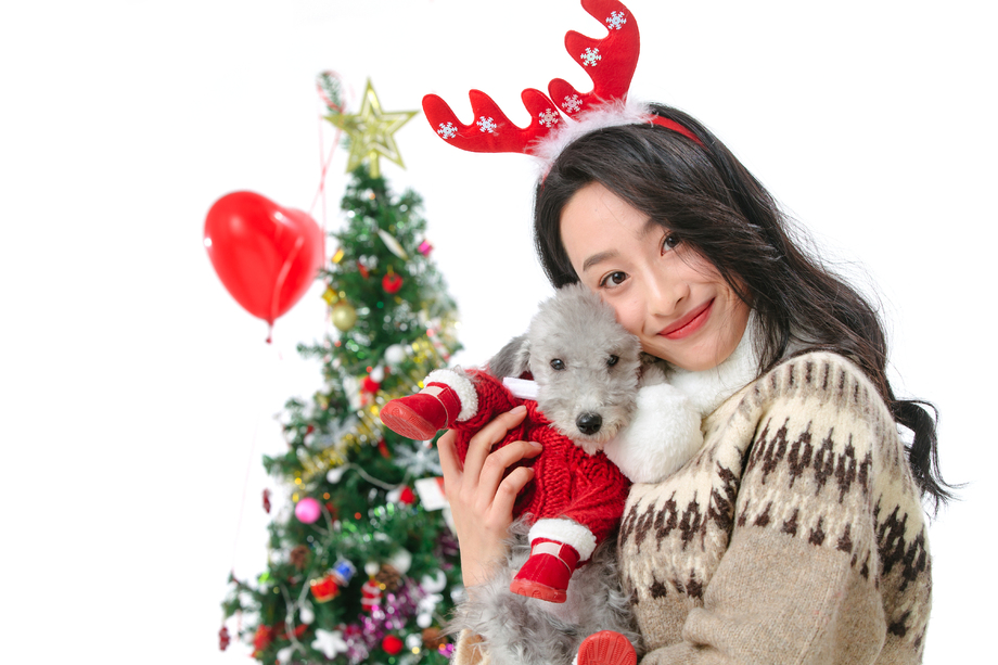 抱着宠物狗的青年女人过圣诞