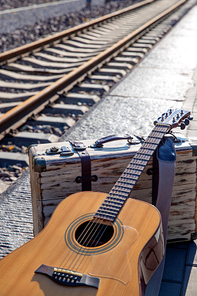 铁轨旁边的吉他和旅行箱