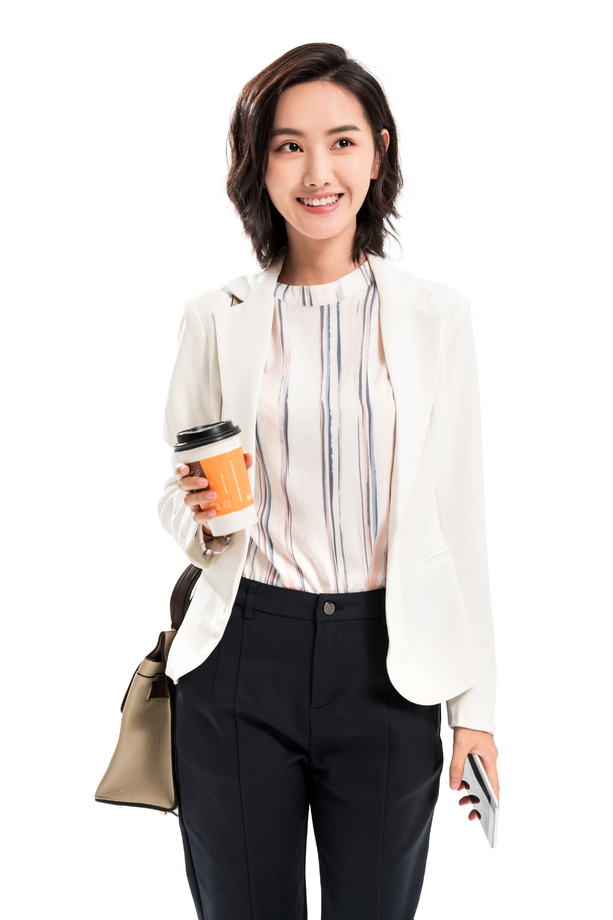拿着咖啡杯的年轻商务女士 拿着咖啡杯的年轻商务女士